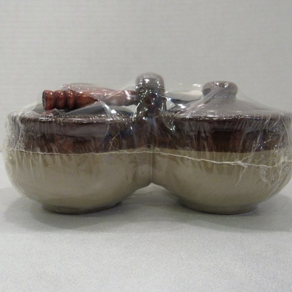 NIP Vtg Stoneware Double Crock Lids Spoons Jelly - Picture 6 of 11